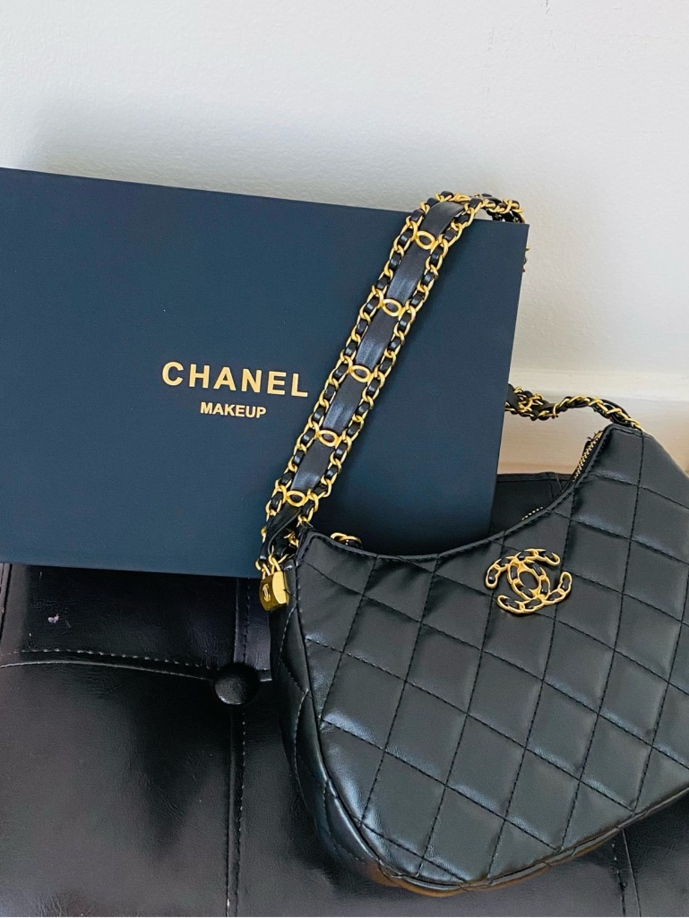 New in Box Chanel Makeup GWP Black Quilted Faux Leather 19 Hobo Shoulder Bag